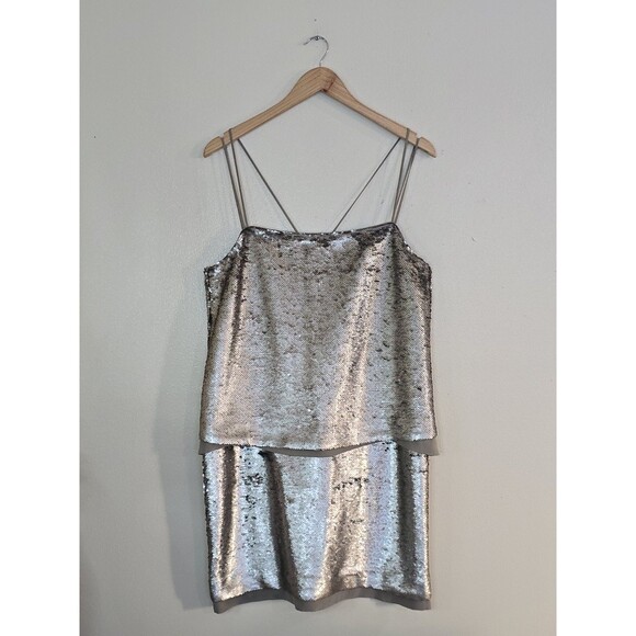 Banana Republic Dresses & Skirts - BANANA REPUBLIC Strappy Silver Sequin Mini Dress Size 12 Silk Overlay Party